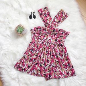 Arden B Pink Floral Crisscross Cutout Top